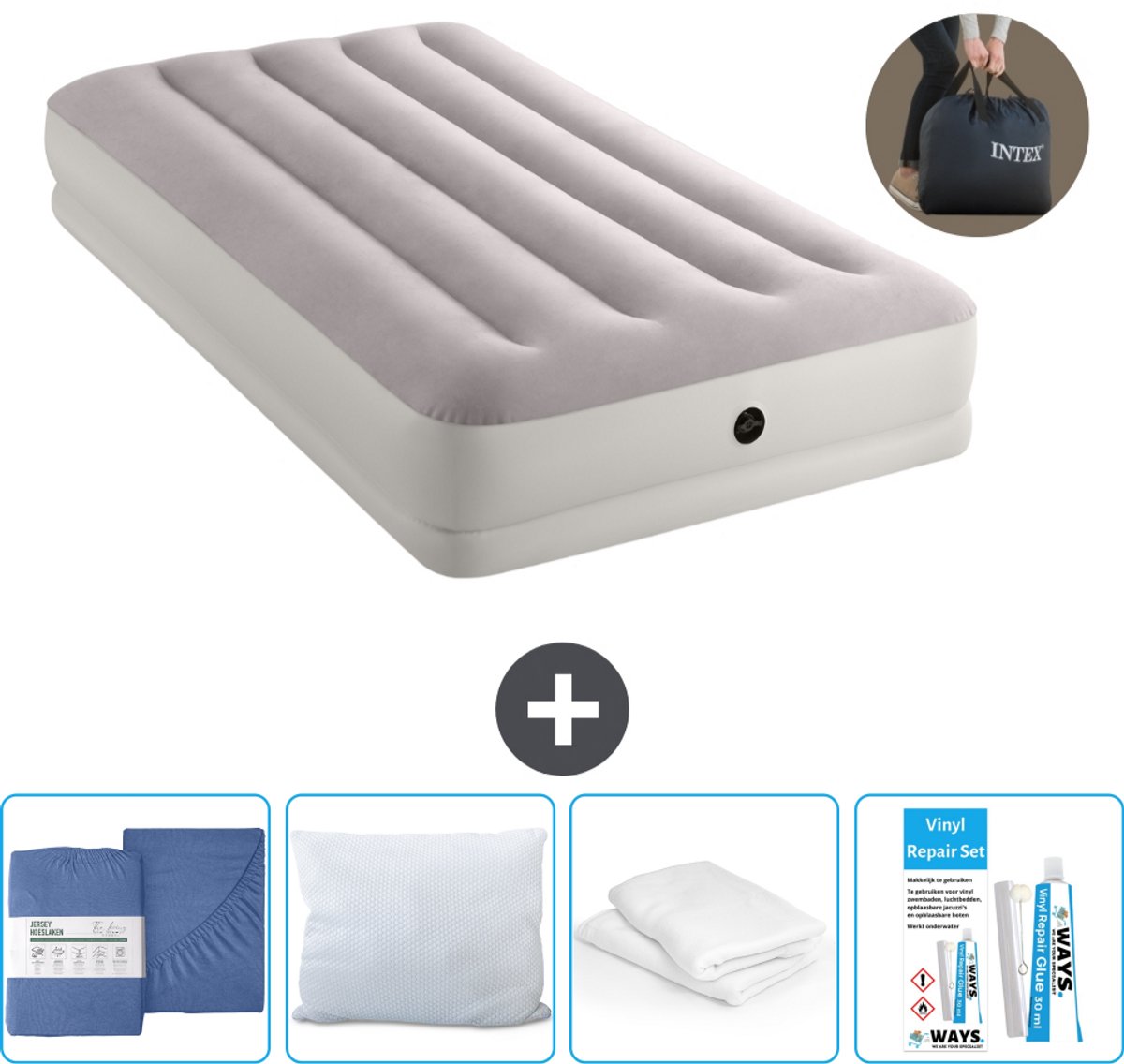 Intex Luchtbed - 1-Persoons - 99 x 191 x 30 cm - Grijs - Inclusief pomp - Hoeslaken - Kussen - Reparatieset en Kussenbeschermer