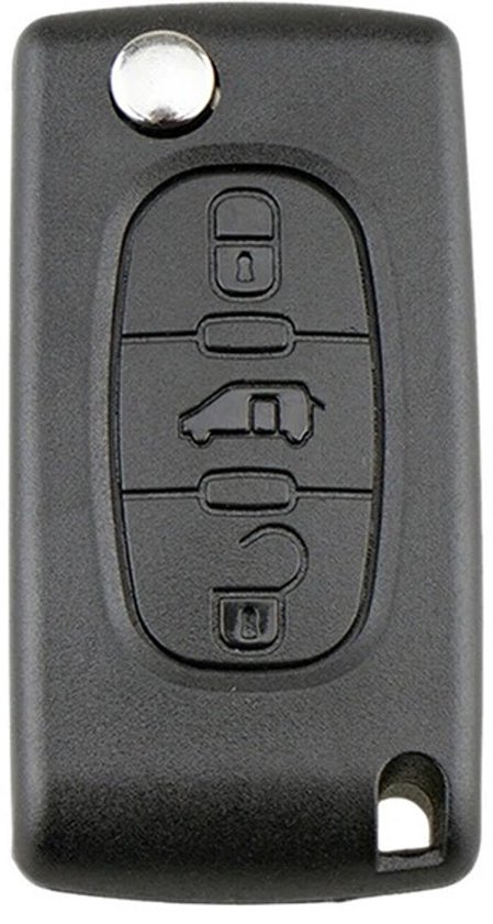 Boîtier de clé de voiture noir à 3 boutons, avec une icône de voiture dessus.