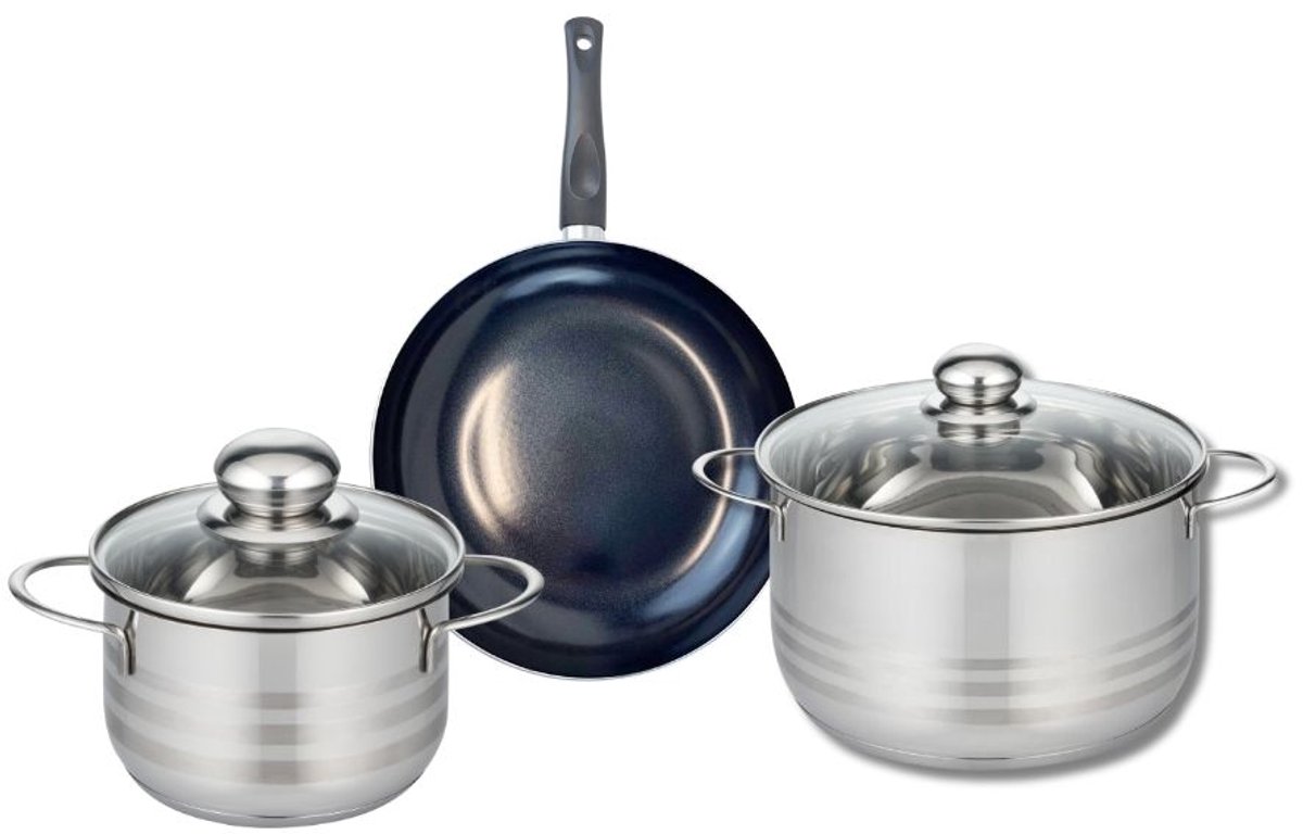 Set van 1 Koekenpan 20 cm en 2 kookpannen 16 en 20 cm Elo Prima Glanzend