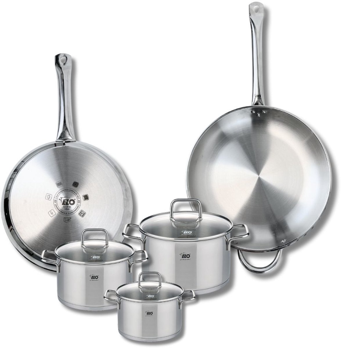 Set van 2 Koekenpannen 28 en 32 cm en 3 kookpotten 14, 16 en 20 cm Elo Profi Citrin