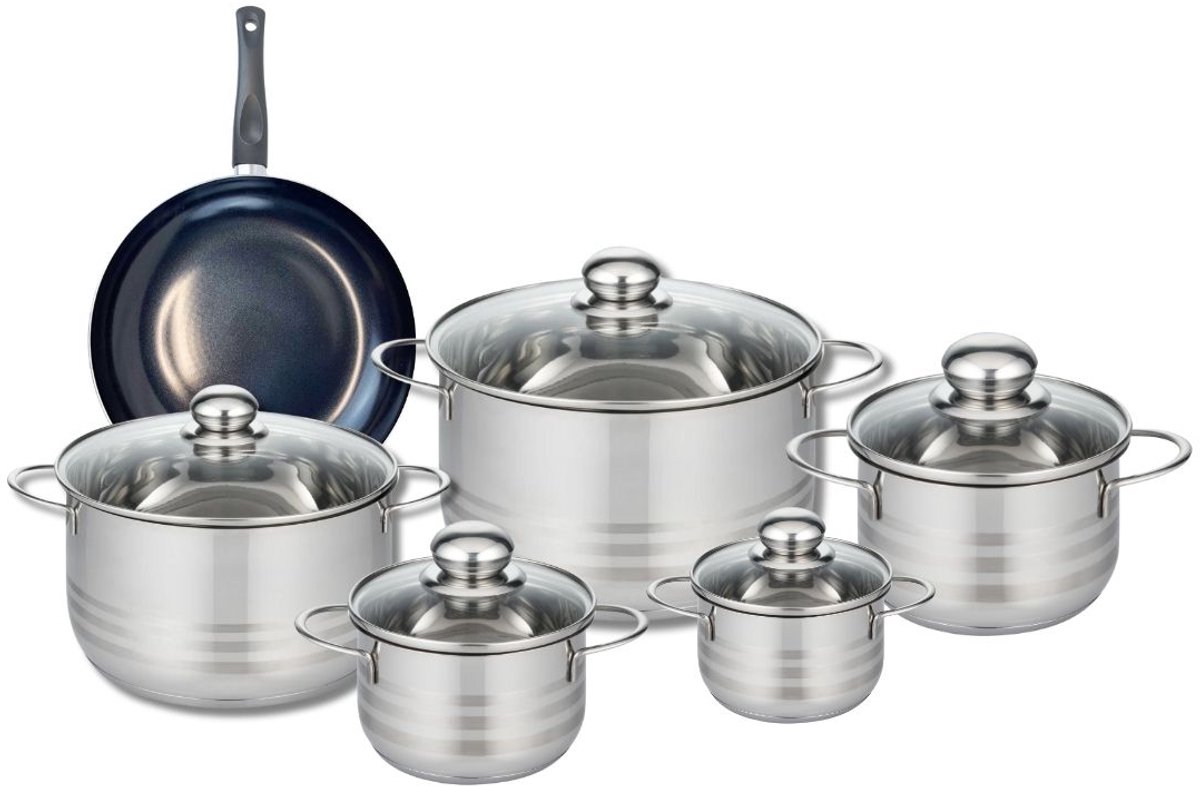 Set van 1 Koekenpan 20 cm en 5 kookpotten 12, 14, 16, 20 en 24 cm Elo Prima Glanzend