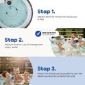 Stap 1: Bepaal inhoud jacuzzi. Stap 2: Gebruik 25 ml per 1000L water. Stap 3: Wacht tot jacuzzi 36 graden is.