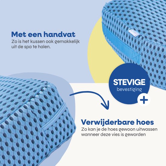 Gedetailleerde foto van een blauw spa zitkussen, met nadruk op de handgreep voor transport en de verwijderbare hoes.