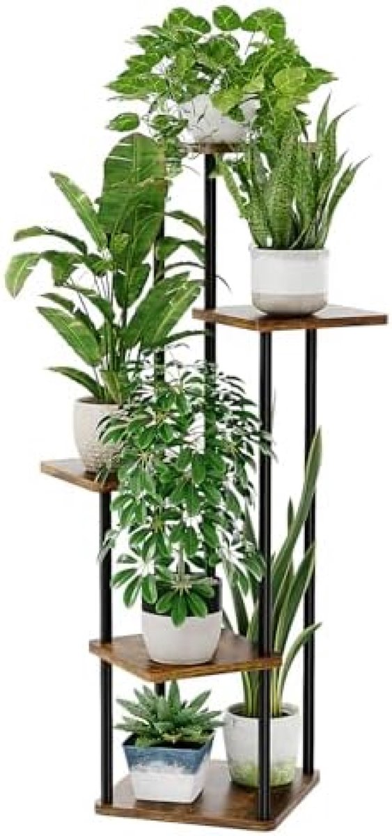 Moderne 5-laags Plantenstandaard van Hout en Metaal - Ruimtebesparend Plantenrek voor Woonkamer, Balkon en Kantoor - Stevig en Waterbestendig - Zwart en Bruin