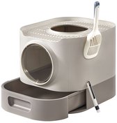 ACAZA Kattenbak - Kattentoilet - 54 x 42.8 x 40 cm - Warm Grijs - met Schep en Borstel - Kattenbakken