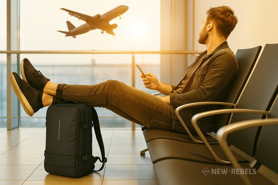 Man in wachtruimte bij vliegtuig houdt smartphone, zwarte rugzak bij voeten.