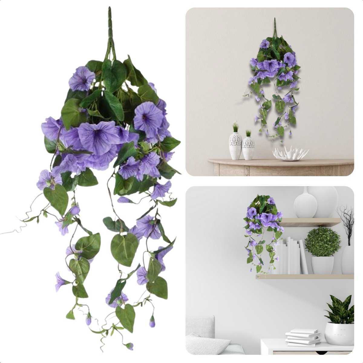 Cheqo® Hangende Kunstbloem Petunia - Hangende Plant - Klimop - Decoratieve Kunsttak - Paars Groen - Perfect voor Interieur