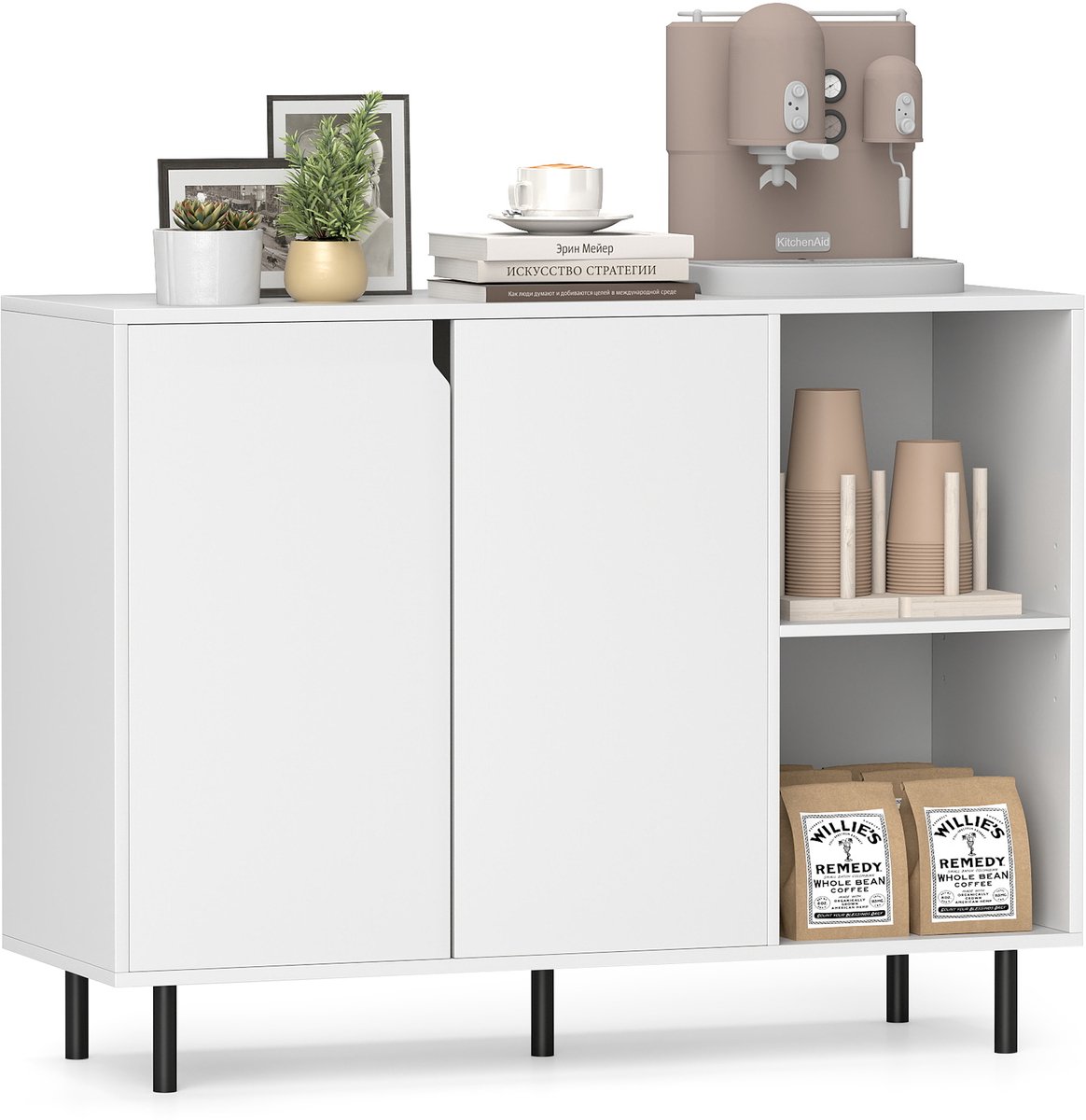 Dressoir Kast met 2 Deuren en 4 Vakken 106x38x80 cm – Buffetkast Keukenkast met Verstelbare Planken, Modern Opbergkast voor Keuken, Woonkamer en Hal – Urbanhome