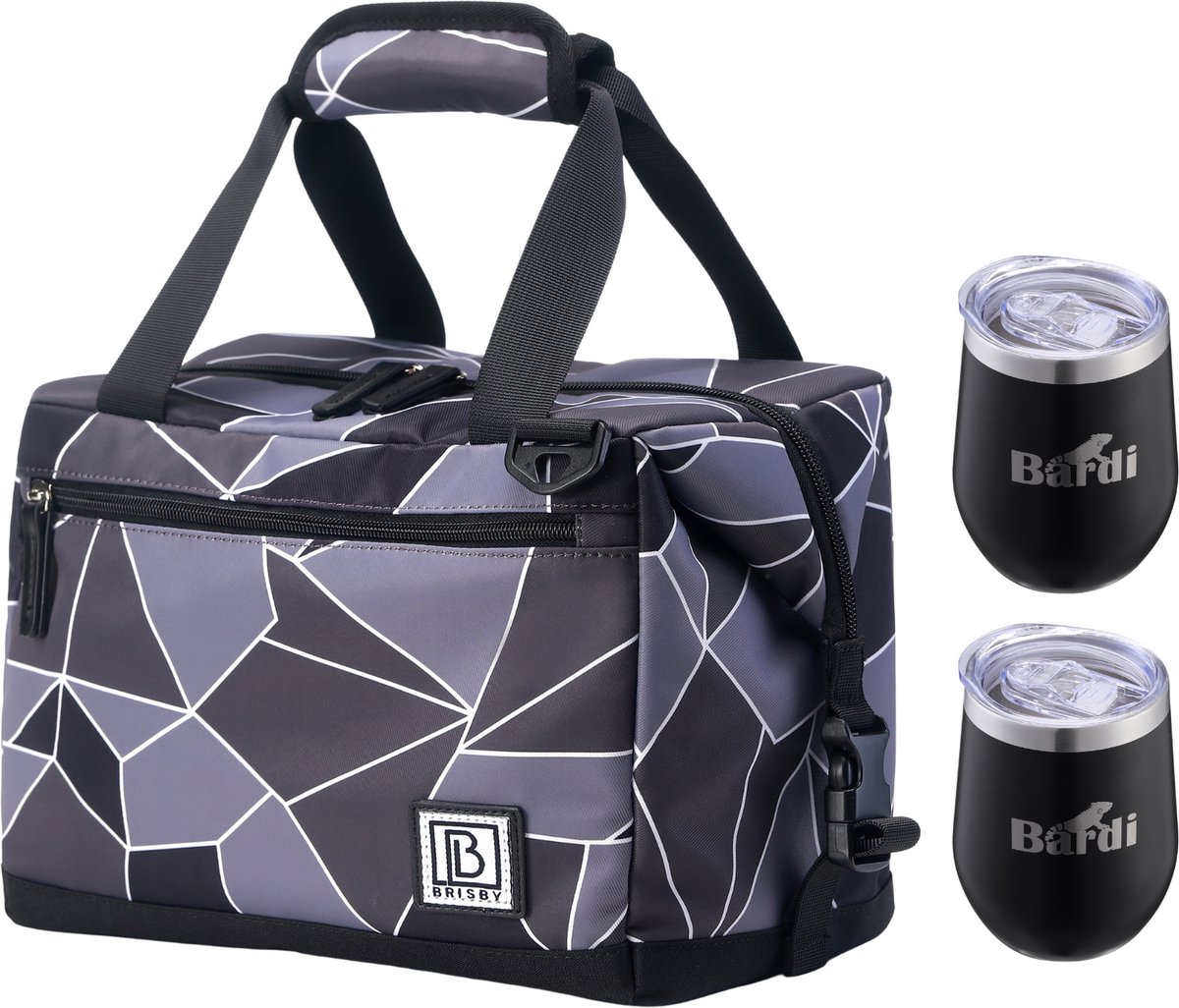 Brisby 12L Koeltas Abstract Grijs/Zwart + Brisby Thermosbeker Set Zwart – Voor wie voorbereid op pad gaat