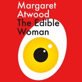 Boek kaft met rode achtergrond. De titel 'The Edible Woman' door Margaret Atwood staat in witte en zwarte letters. Een witte ovaal met een geel oog met zwarte pupil en een witte pupil linksboven.