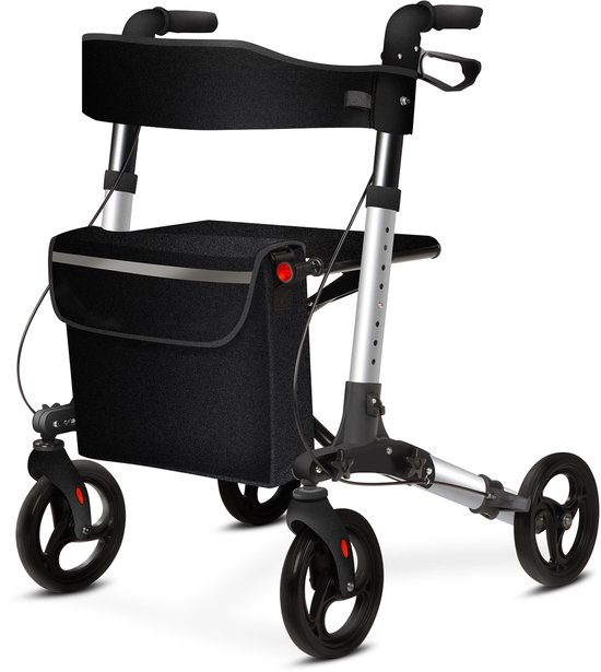 ELONEO Lichtgewicht Rollator met Zitje - Opvouwbare Aluminium Rollator voor Senioren, 8 Verstelbare Hoogtes, 3-voudig Opvouwbaar Loophulpmiddel met Tas & Parapluhouder, Past in Auto (Zilver)