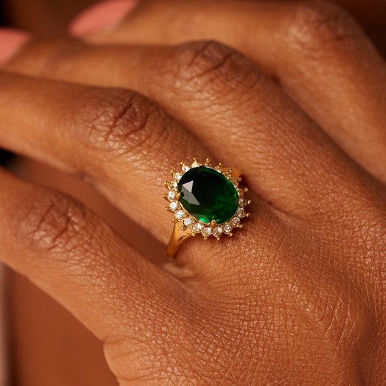 Lucardi Bague vintage femme en acier plaqué or avec zircone verte - Ring - Acier - Doré - 18 / 57 mm