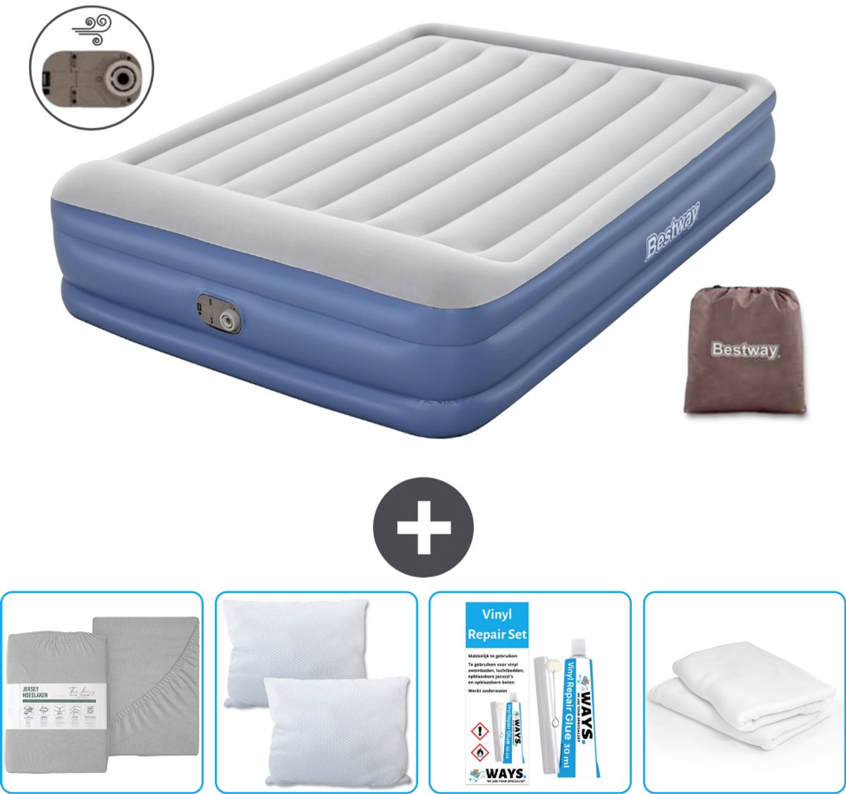 Bestway luchtbed - 2-Persoons - 152 x 203 x 46 cm - Grijs/Blauw - Inclusief pomp - Hoeslaken - Kussen - Kussenbeschermer en Reparatieset