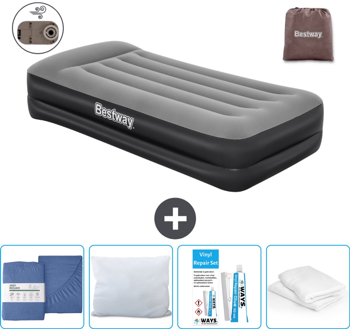 Bestway luchtbed - 1-Persoons - 97 x 191 x 46 cm - Grijs - Inclusief pomp - Hoeslaken - Kussen - Kussenbeschermer en Reparatieset