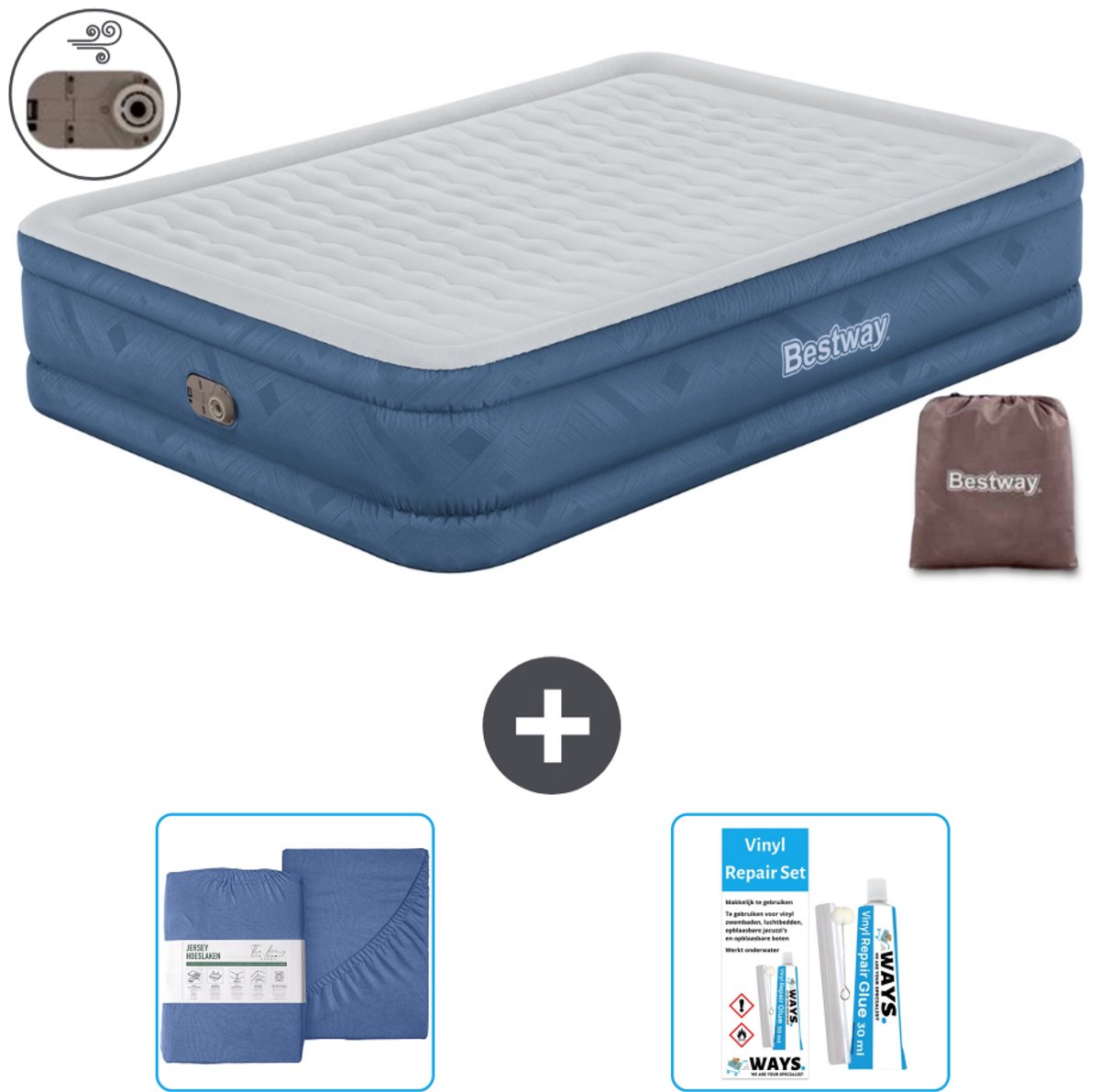 Bestway luchtbed - 2-Persoons - 152 x 203 x 46 cm - Grijs - Inclusief pomp - Hoeslaken en Reparatieset