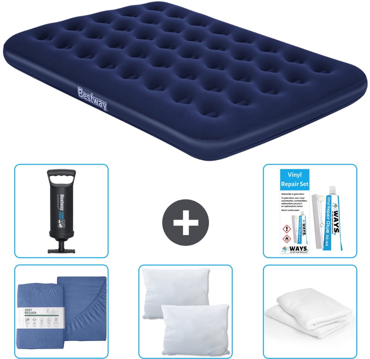Bestway luchtbed - Twijfelaar - 137 x 191 x 22 cm - Blauw - Inclusief Hoeslaken - Kussen - Kussenbeschermer - Pomp en Reparatieset