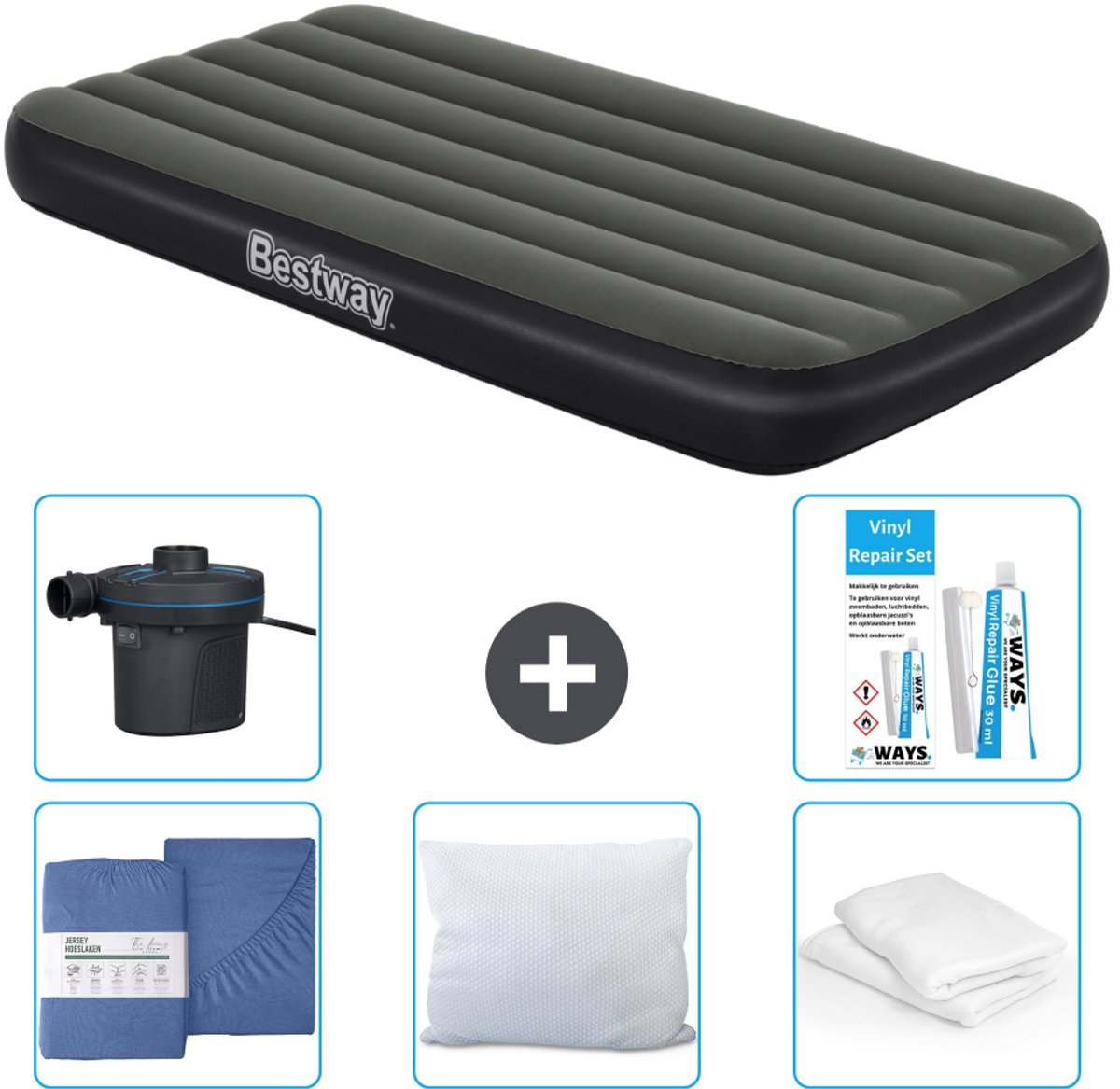 Bestway luchtbed - 1-Persoons - 99 x 188 x 28 cm - Blauw - Inclusief pomp - Hoeslaken - Kussen - Kussenbeschermer - Pomp en Reparatieset