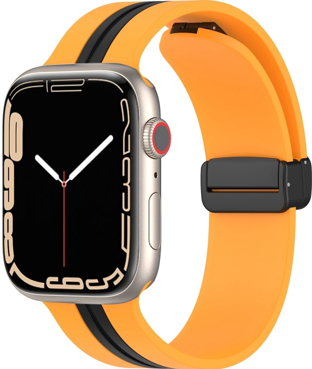 Mobigear Siliconen Watch bandje geschikt voor Apple Watch Bandje Magneetsluiting | Mobigear Stripe Mag - 42/41/40/38 mm - Zwart / Geel