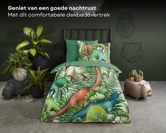 Good Morning dekbedovertrek dinosaurussen - 1 persoons 140x200/220 cm - Groen - 100% Katoen renforc� — afbeelding 4