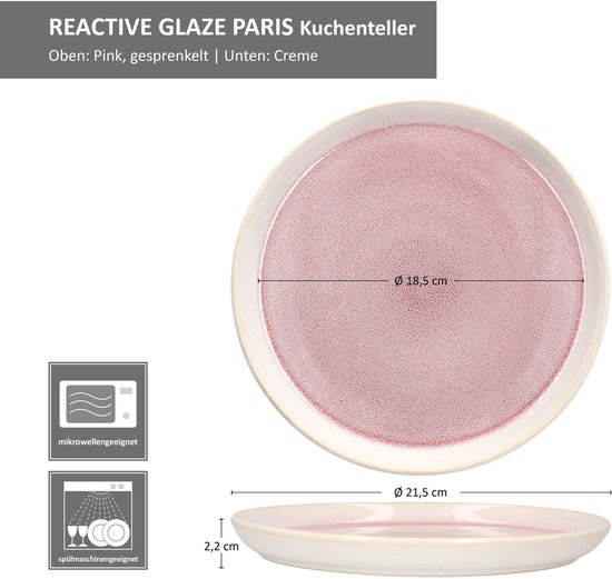 Rond roze taartbord met crèmekleurige rand, gespikkelde textuur. Diameter 18,5 cm boven, 21,5 cm onder, hoogte 2,2 cm.