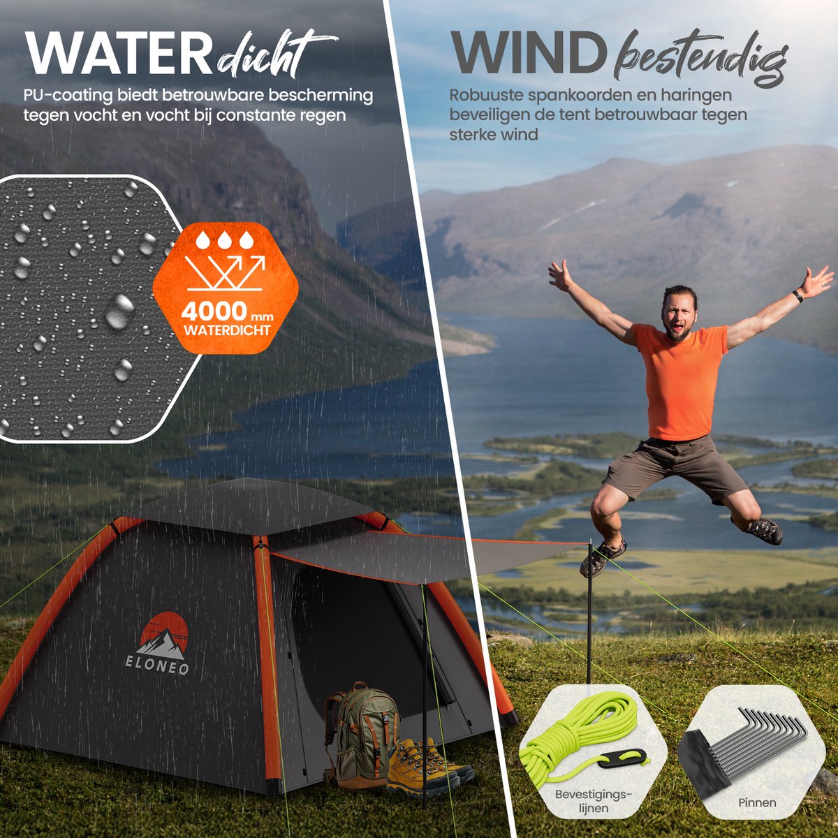 ELONEO Opblaasbare Camping Tent voor 1–3 Personen met Luifel, 210x210x140 cm – foto 3