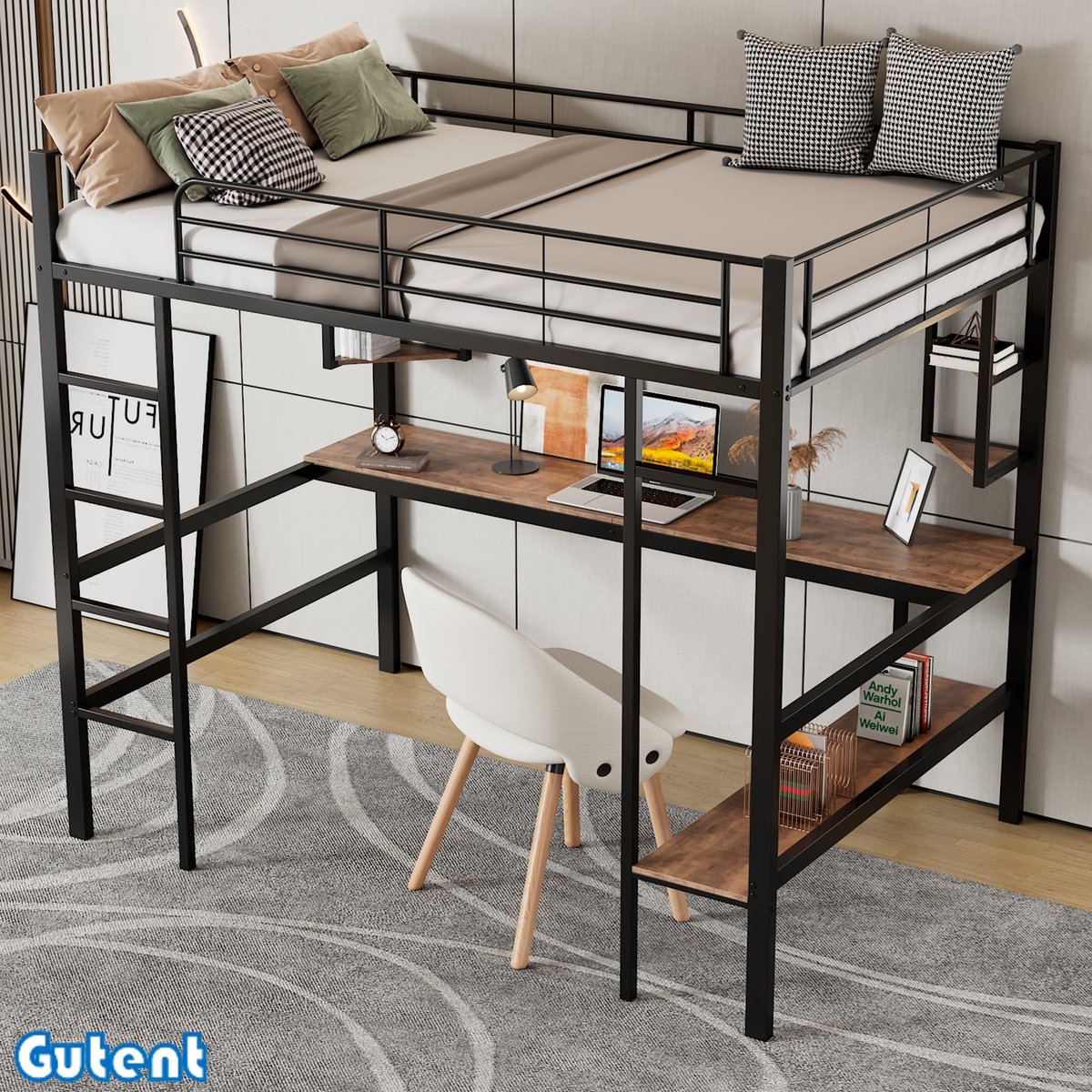 Gutent Hoogslaper - 90x200 cm- IJzeren bed met bureau- Met vier kleine boekenplanken- Eén grote boekenplank- Zwart- Geen matras- Geen stoel