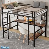Gutent Hoogslaper - 90x200 cm- IJzeren bed met bureau- Met vier kleine boekenplanken- Eén grote boekenplank- Zwart- Geen matras- Geen stoel