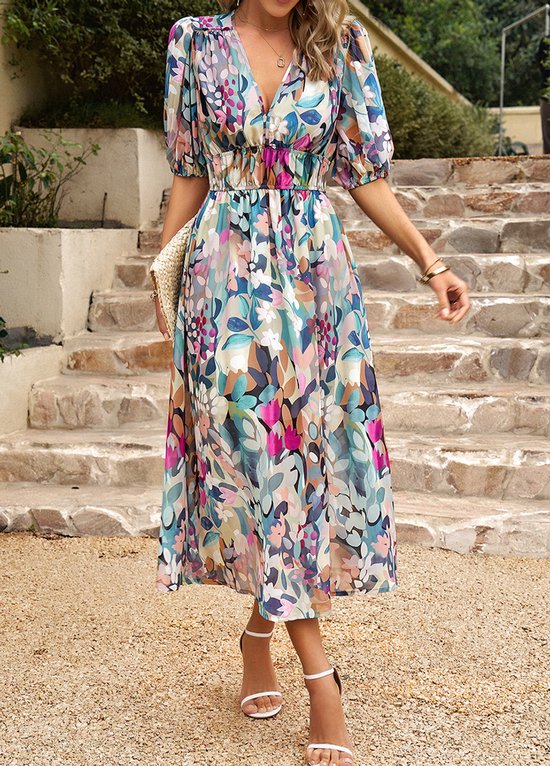 Dames Zomerjurk Lange Zomer Casual Swing Jurk Korte Mouw Maxi Jurk Groente S
