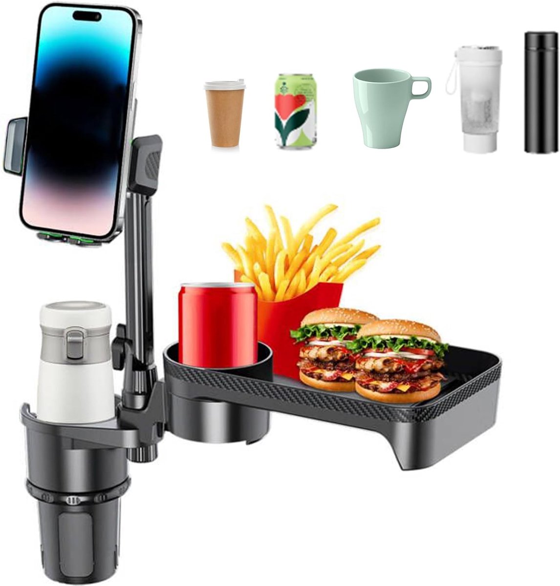 4-in-1 autobekerhouder-uitbreidingslade met telefoonhouder, multifunctionele en afneembare autovoedsellade met 360° draaibare, verstelbare basis, autobekeruitbreiding voor essentiële reisaccessoires