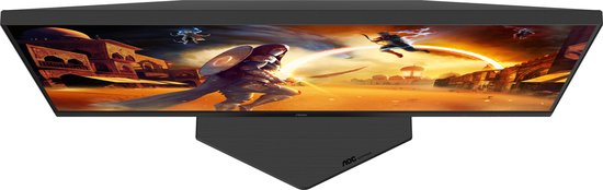 Zwarte AOC gaming monitor, van bovenaf gezien, met weergave van een game.