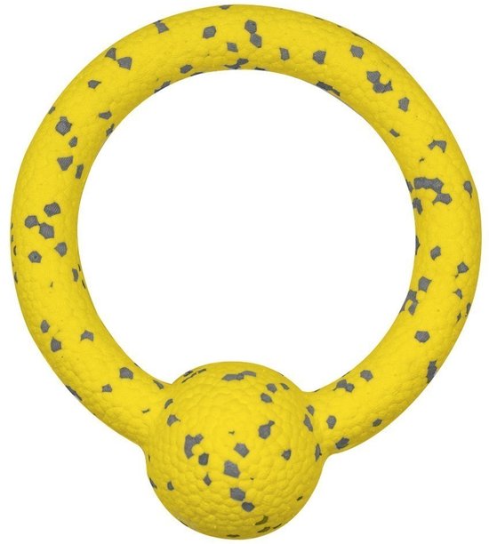 Gele ring met grijze vlekken, met een bal in het midden.