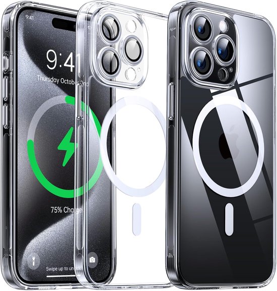 Clear Magnetic Case Geschikt voor: iPhone 15 Pro - Compatibel met MagSafe Met Camera Protector [Schokbestendig & Krasbestendig] Harde transparante hoes met siliconen - transparant