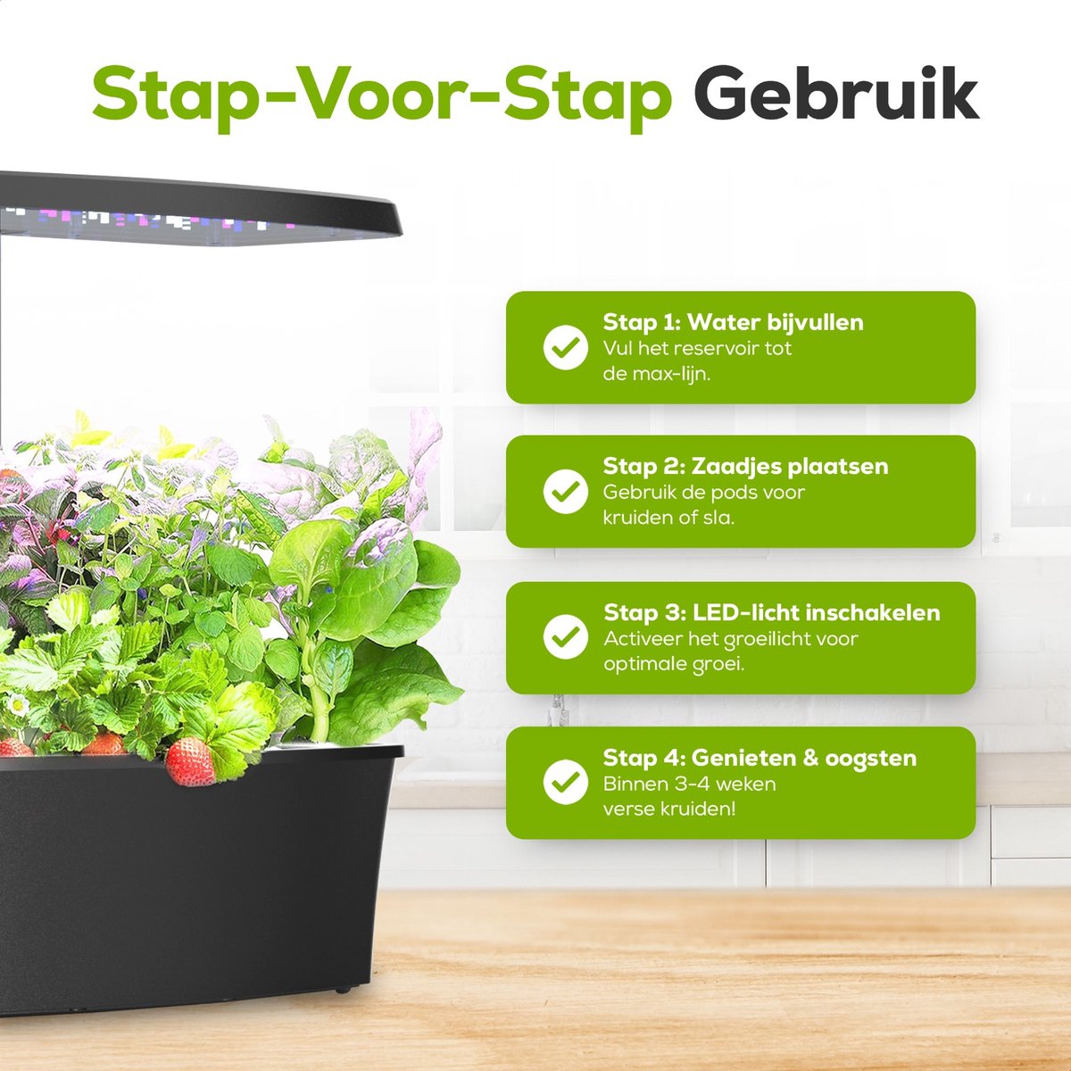 Hydrocultuur kweeksysteem, 12 pods Smart Herb Garden Kit voor binnen, binnentuin, APP & WiFi-gestuurd, met 24W kweekled, 5.5L watertank, pompsysteem, automatische timer