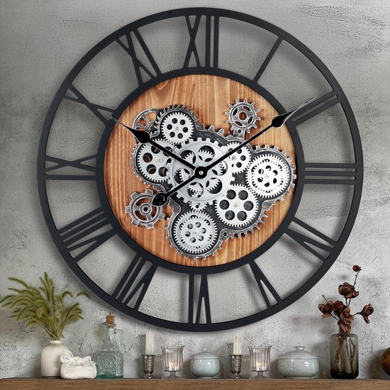 Industriële Wandklok 61cm met Beweeglijke Tandwielen