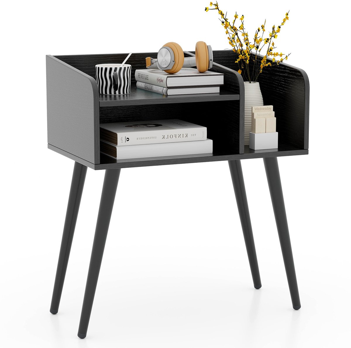 Costway Nachtkastje, bijzettafel met open vak, salontafel met metalen steunpoten, nachtkastje voor slaapkamer, woonkamer, 50 x 32 x 58 cm (zwart)