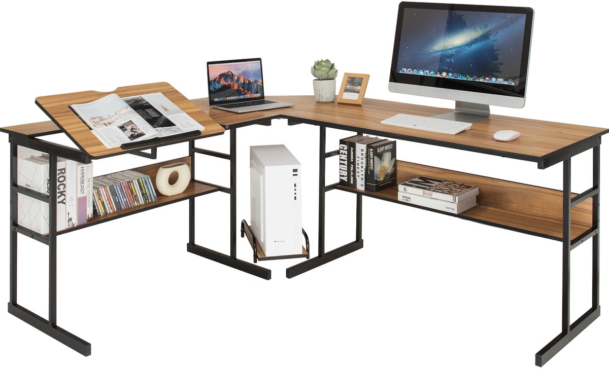 Costway L-shaped desk, wooden corner desk with tilting table top, 2 shelves & CPU stand, computer desk for home & office, 170 x 150 x 75 cm Walnut