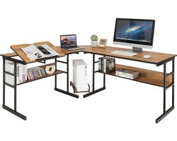 COSTWAY L-shaped desk, wooden corner desk with tilting table top, 2 shelves & CPU stand, computer desk for home & office, 170 x 150 x 75 cm