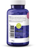 Donkerblauwe pot met 90 vega capsules. Bevat recyclebare verpakking en informatie over het voedingssupplement.