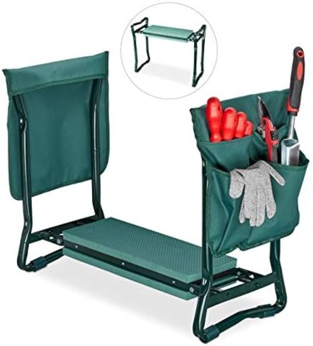 Kniebank met zachte kniekussen, opvouwbaar, 2 opbergzakken, tuinhulp voor tuinieren, geschikt tot 150 kg, afmetingen 50x60x27.5 cm, groen