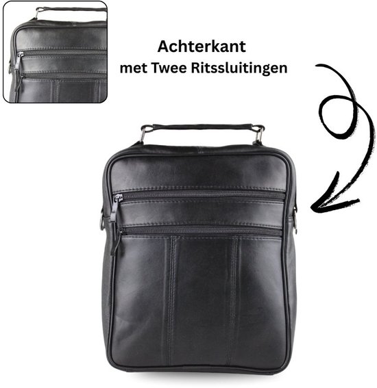 Zwarte leren schoudertas achterkant met twee ritsvakken.
