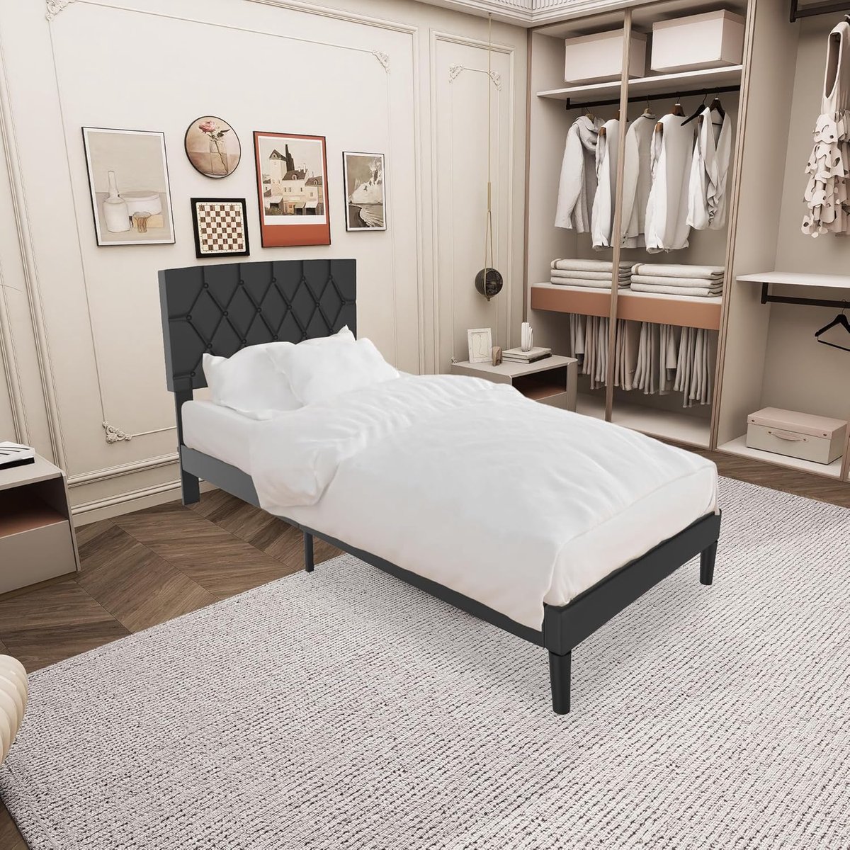 Aufun bedframe – zwart – 90x200 cm – met leren hoofdeinde – houten lattenbodem – minimalistisch – voor slaapkamer of gastenkamer