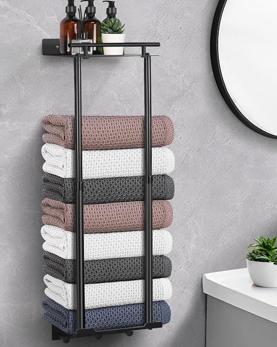 Famanu - Handdoekenrek Zonder Boren, Handdoekstang 81CM Verstelbare Paal 41-72CM Stabiele Wandgemonteerde Handdoekhouder Badkamer Zwart et Plankhaken (Zwart)