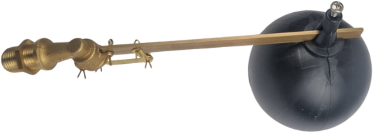 Vlotterkraan messing 1/2" buitendraad 5bar met 120 mm kunststof bal gemonteerd