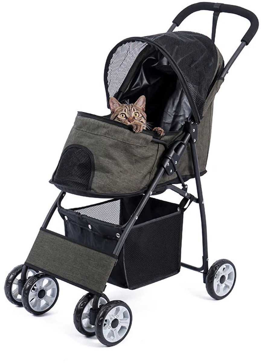Hondenbuggy - Wagen - Huisdieren - Gaasvensters - Vouwbare - Lichtgewicht - 360° Slijtvrije Rubberwielen - met Grote Opbergruimte - Buitenwandelen - Voor Kleine Honden en Katten - Tot 40 kg - Groen