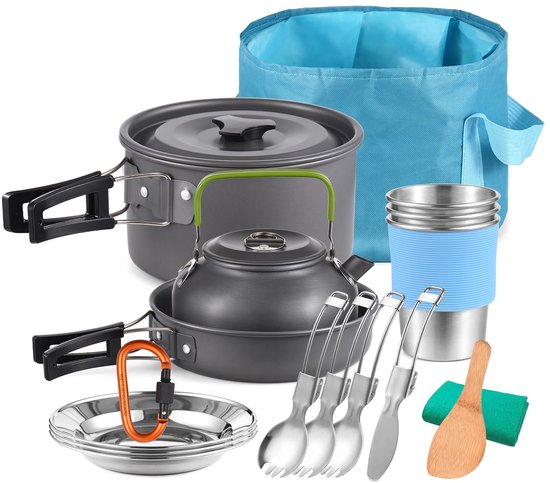 Camping Pannenset - Camping Kookgerei - Serviesset - Picknick Set - 3 Personen - Alles in 1 Set - Beker - Bord - Bestek - Pannen - Ketel — afbeelding 3