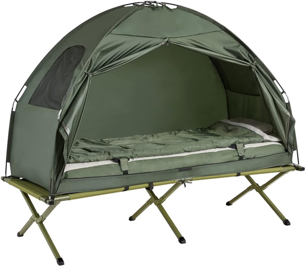 4-in-1 Tent met Campingligstoel, Slaapzak, Luchtmatras en Accessoires