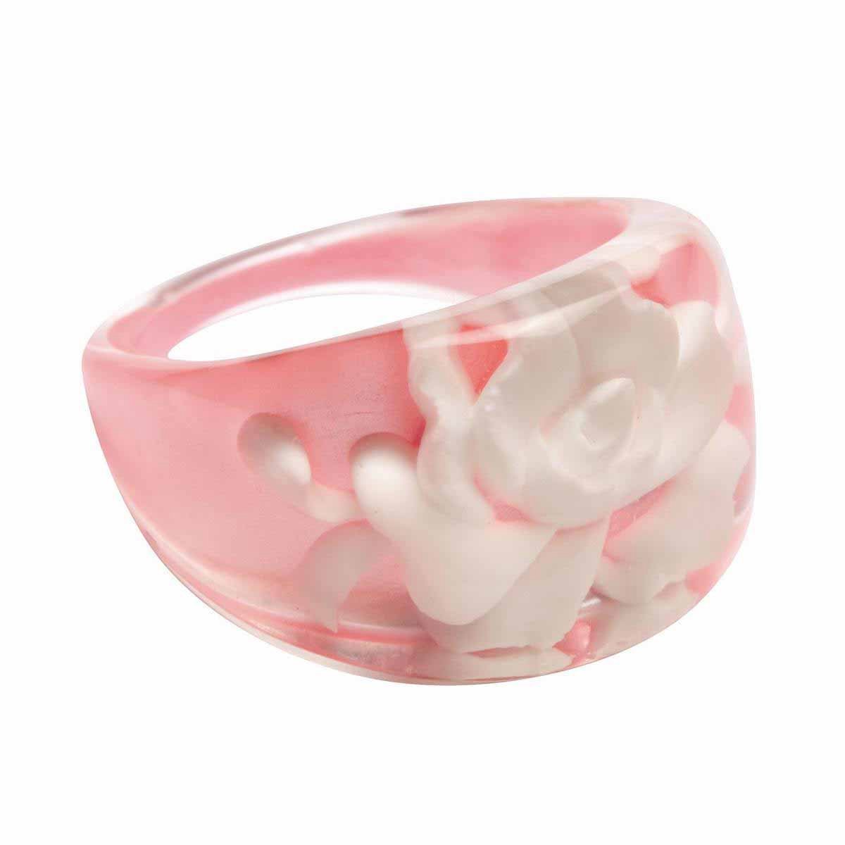 MixMamas Ring - Marshmallow Dream - Trendy Acryl Ring met Roos – Roze / Wit - Lichtgewicht - Nikkelvrij