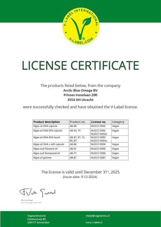 Certificaat met V-Label. Bedrijf Arctic Blue Omega BV is gecontroleerd en V-Label gecertificeerd.