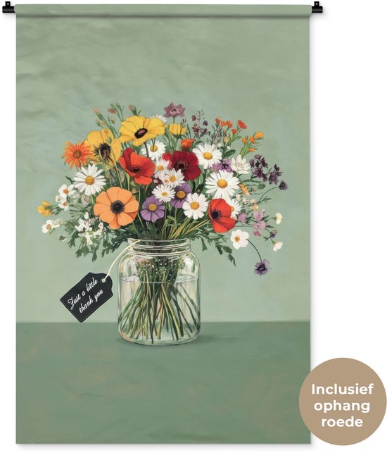 Tenture murale avec bouquet de fleurs dans un vase en verre et étiquette 'Just a little thank you', incluant une tige de suspension.