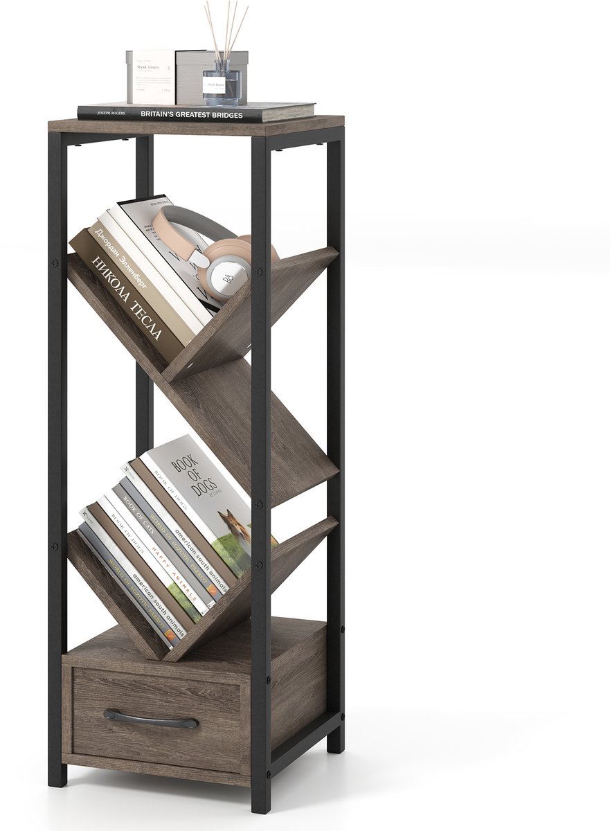 COSTWAY Boekenkast in boomvorm, 4 niveaus, staand rek met lade en metalen frame, cd- en dvd-plank, kantoorrek, vrijstaand, opbergrek voor woonkamer, slaapkamer, 30,5 x 30,5 x 91,5 cm